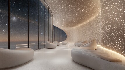 Inside a luxurious hotel lounge with futuristic Zen architecture, curved walls surround soft seating made from natural materials