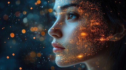 Woman's face with glowing particles, profile view.