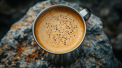 Close-up of a steaming cup of coffee resting on a rock.