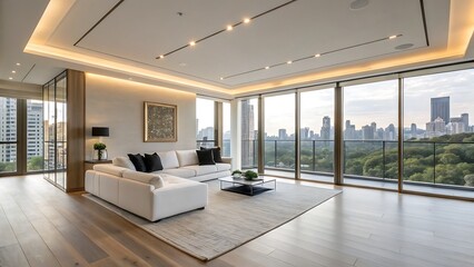 Serene City Skyline Views Grace A Luxurious Living Space, Featuring A Pristine White Sectional Sofa And Warm, Minimalist Decor Bathed In Soft Natural Light