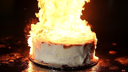 Cake engulfed in flames on a dark surface, kitchen