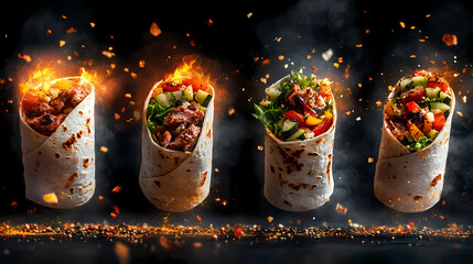 Culinary Artistry: Four artistically presented, savory wraps burst with fresh ingredients and fiery flavors