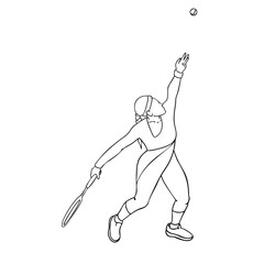 Minimalist one-line vector drawing of a female tennis player serving the ball, capturing focus, strength, and precision. The fluid lines emphasize motion and athleticism. 