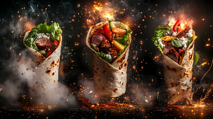 Burrito Fiesta: A trio of vibrant, gourmet burritos bursts onto the scene, their fillings of fresh ingredients and flavorful meats tantalizingly displayed in a dynamic, visually rich composition.