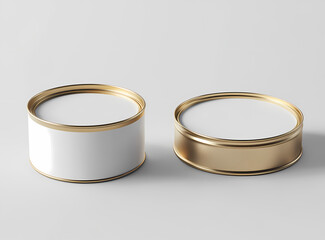 Metallic Cans: Two metallic cans, one silver-white, and one gold-colored, sit side-by-side, ready to be branded. The perfect image for food industry or packaging needs.