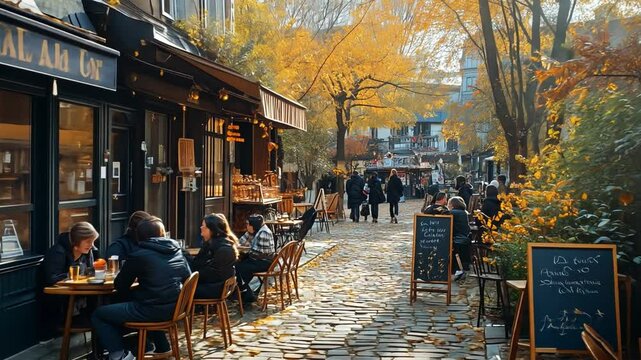 This Visitors enjoy refreshments at outdoor cafes amidst vibrant autumn foliage and cobblestone paths.