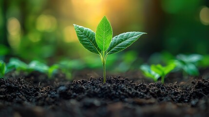 Obraz premium Young plant seedling growing in rich soil at sunrise.