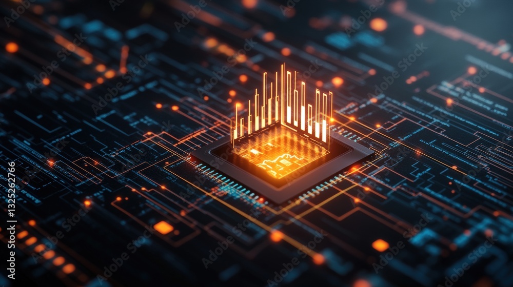 Poster intricate circuit board with a glowing orange light signifying advanced technology and business data