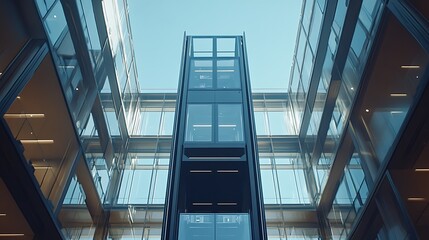 Elevator rises through glass buildings, modern architecture