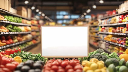 Fresh Produce Display: A vibrant aisle of a grocery store with fresh vegetables in focus. Capturing the freshness of products with an invitation to healthy shopping, perfect for commercial use.