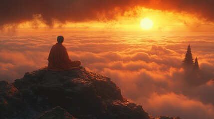 Monk meditating on mountaintop at sunset, above clouds.