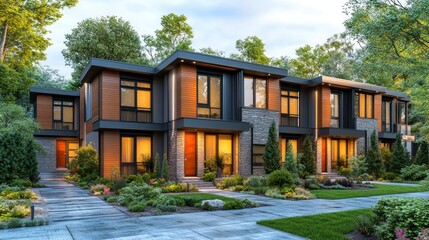Modern Townhomes Dusk, Lush Landscaping