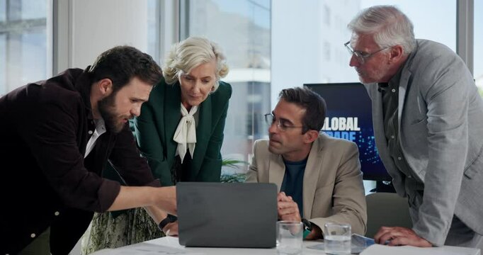 Discussion, group and colleagues with laptop, boardroom and meeting for global trade with tech or plan. Online, international business and ideas for foreign direct investment, trader and economy