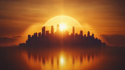 Fototapeta premium City Skyline Sunrise Golden Hour Reflection