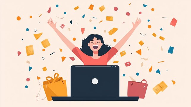 Excited woman celebrating online shopping success with confetti around her