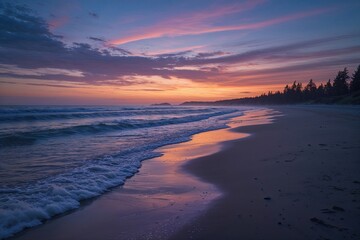 Mesmerizing Sunset at Beach with Expansive Horizon and Calm Waves