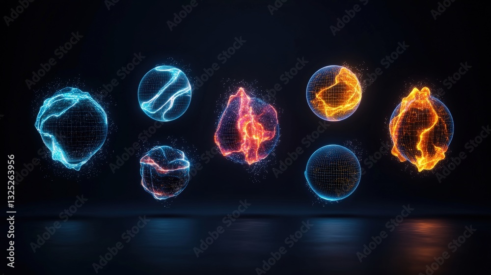 Poster a dynamic set of glowing spheres radiating colorful light in an abstract composition creating visual