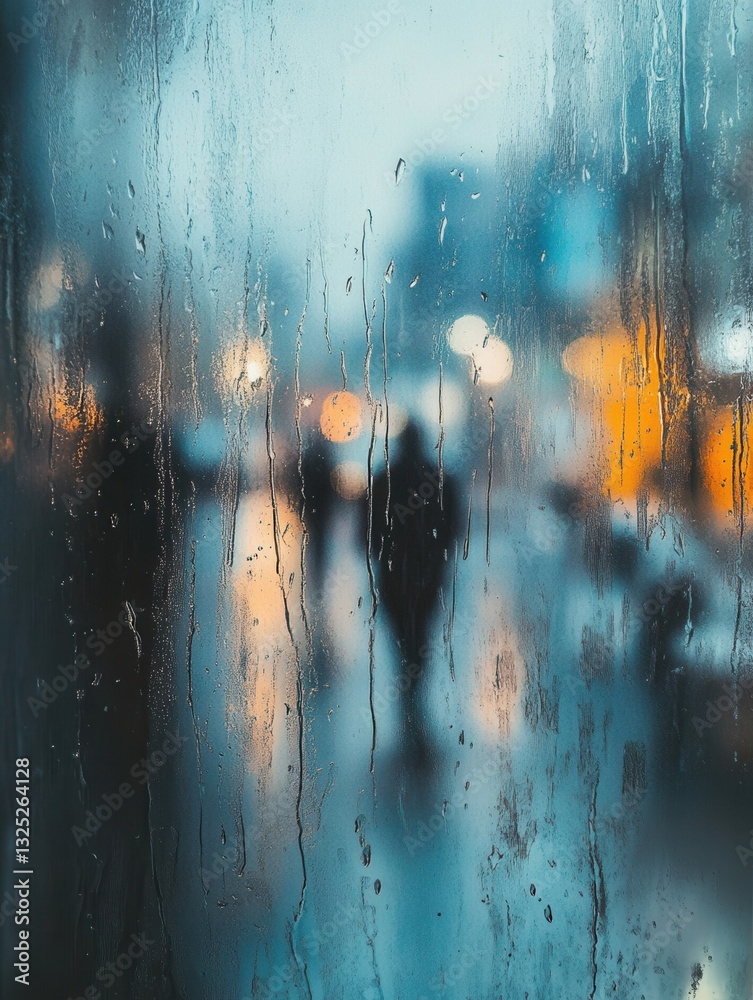 Poster Melancholic reflections and raindrops create a poignant atmosphere on a window with a lonely figure outside at twilight