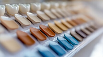 Naklejka premium Close-up of dental shade guide with various colors and tones of teeth samples.