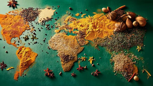Colorful spices create an artistic representation of the world map on a green background showcasing culinary diversity