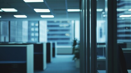 Fototapeta premium Modern Office Interior with Blue Cubicles and City View