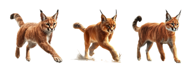 Three Stages of a Lynx Walking on a White Background in Natural Poses