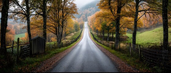 Obraz premium Autumn Road, Golden Leaves, Nature Landscape
