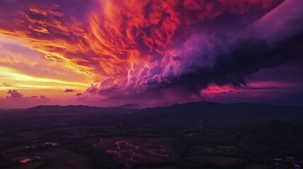 Fototapeta premium Fiery Sunset Sky with Dramatic Storm Clouds over Rural Landscape