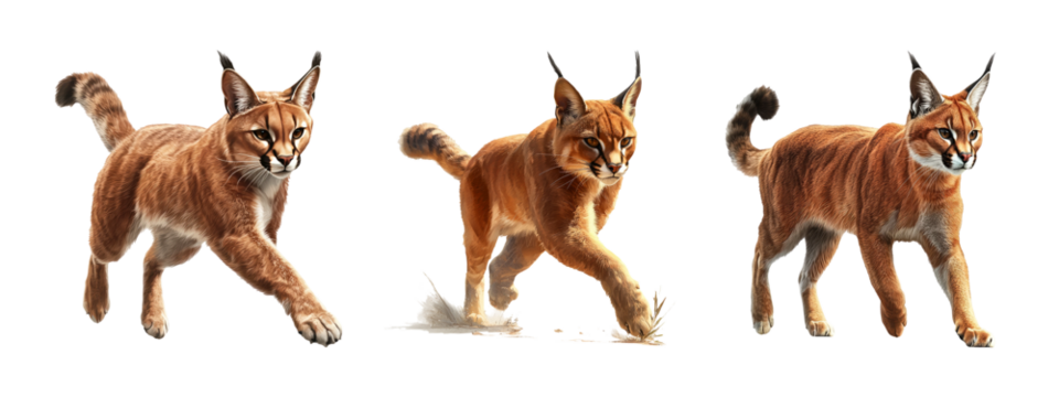 Three Stages of a Lynx Walking on a White Background in Natural Poses
