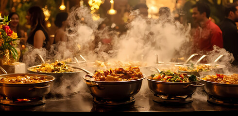Culinary Celebration: An array of steaming dishes tempt guests at an elegant event, the fragrant aroma of the food wafting invitingly through the air, creating a sensory feast. 