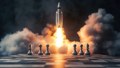 strategic ascent a rocket launches from a chessboard symbolizing intelligent planning and ambitious objectives