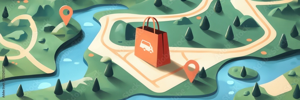 Poster elegant illustration of a delivery route map featuring a grocery bag and location markers in a clean