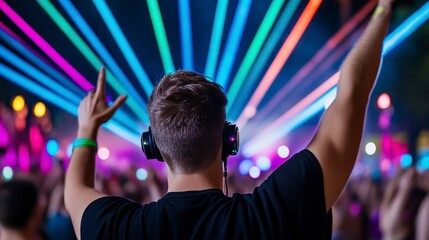 Energetic Music Festival Scene with Colorful Laser Lights at Night