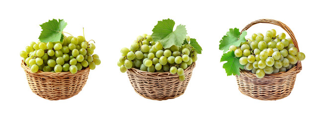 Fresh Green Grapes in Rustic Baskets with Leaves on White Background