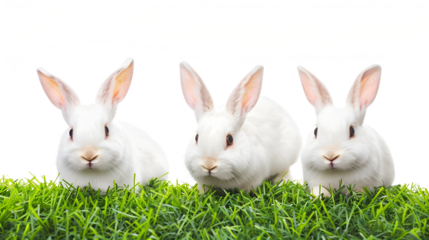 A group of babywhite rabbits on the grass with transparent isolated background.