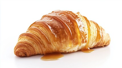 Appetizing croissant topped with caramel on a white background, isolate