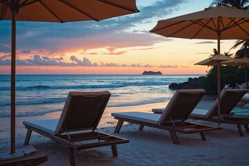 Stunning Twilight Coastal Views with Lounge Chairs and Sunshades on Gold Coast