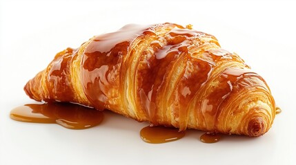 Appetizing croissant topped with caramel on a white background, isolate