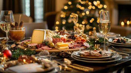 Naklejka premium Festive Feast: A beautifully arranged charcuterie board and champagne glasses on a table, with Christmas tree lights adding a festive touch, creating an inviting atmosphere.