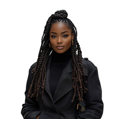 A Black Woman with Natural Braids Wearing a Black Jacket Isolated on Transparent Background