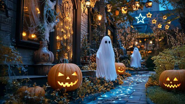 Mysterious halloween night with glowing pumpkins and floating ghosts in enchanted garden