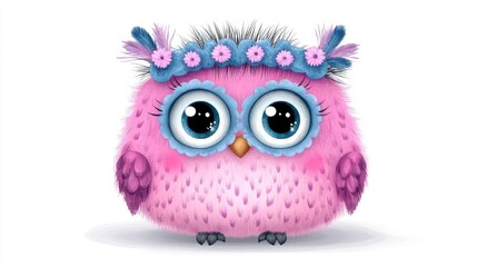 Fototapeta premium Cute Pink Owl with Big Eyes and Floral Headband on White Background