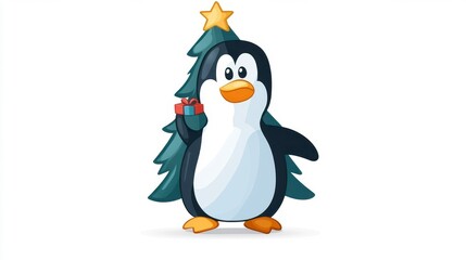 Fototapeta premium Cute Cartoon Penguin Holding Present by Christmas Tree with Star