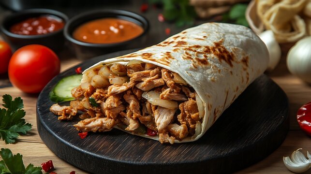 Turkish Doner Kebab Wrap A warm wrap stuffed with thinly sliced doner meat, onions, and garlic sauce
