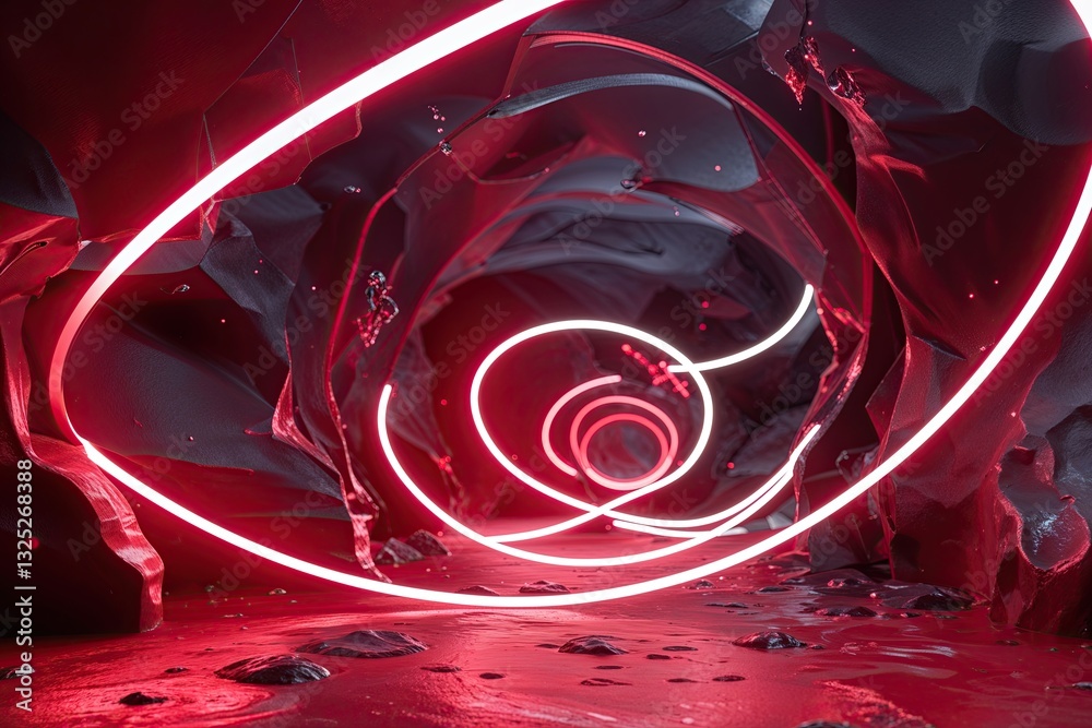 Poster futuristic neon loops three dimensional design with dynamic particles on red background