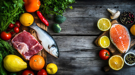 Culinary Symphony: An overhead shot showcases a meticulously arranged composition of fresh ingredients on a rustic wooden surface.