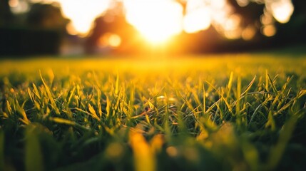 Fototapeta premium Golden Hour Sunset Over Lush Green Grass Field