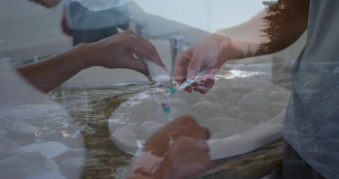 Brushing teeth, hands with animation over serene landscape with rocks and trees