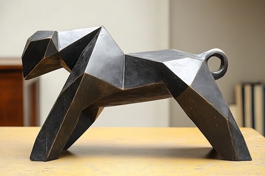 Geometric bronze sculpture on display in a room