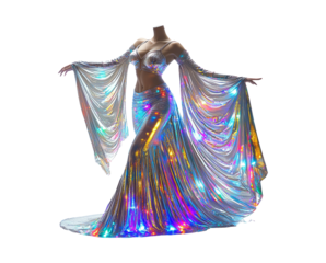 Elegant dancer in shimmering costume with colorful light reflections